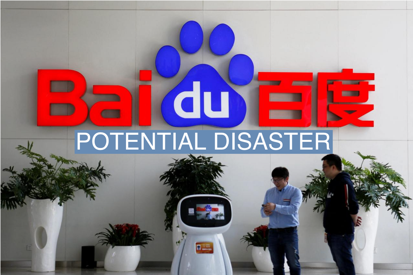 Men interact with a Baidu AI robot near the company logo at its headquarters in Beijing, China April 23, 2021. REUTERS/Florence Lo/File Photo