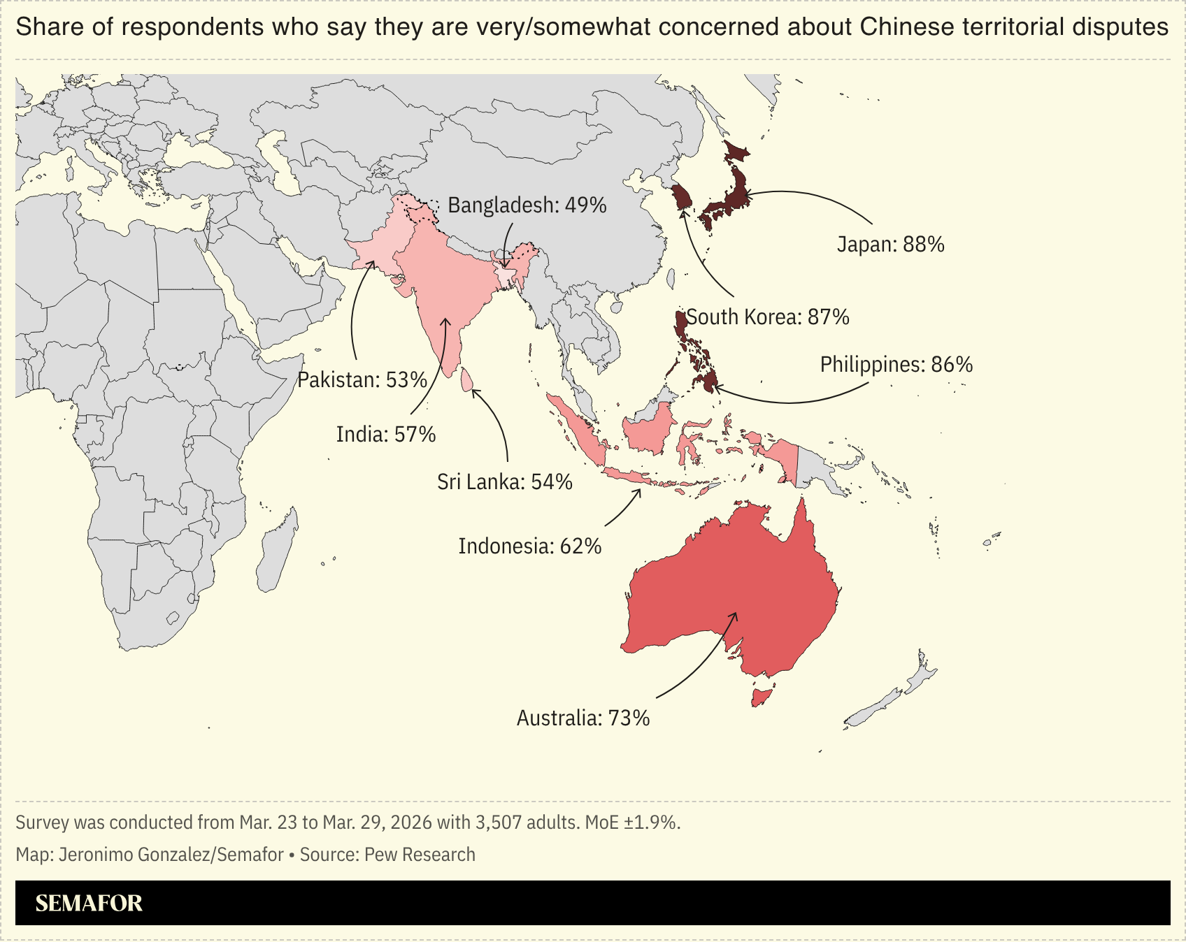 A map showing Asian/Oceanian views on Chinese territorial claims. 