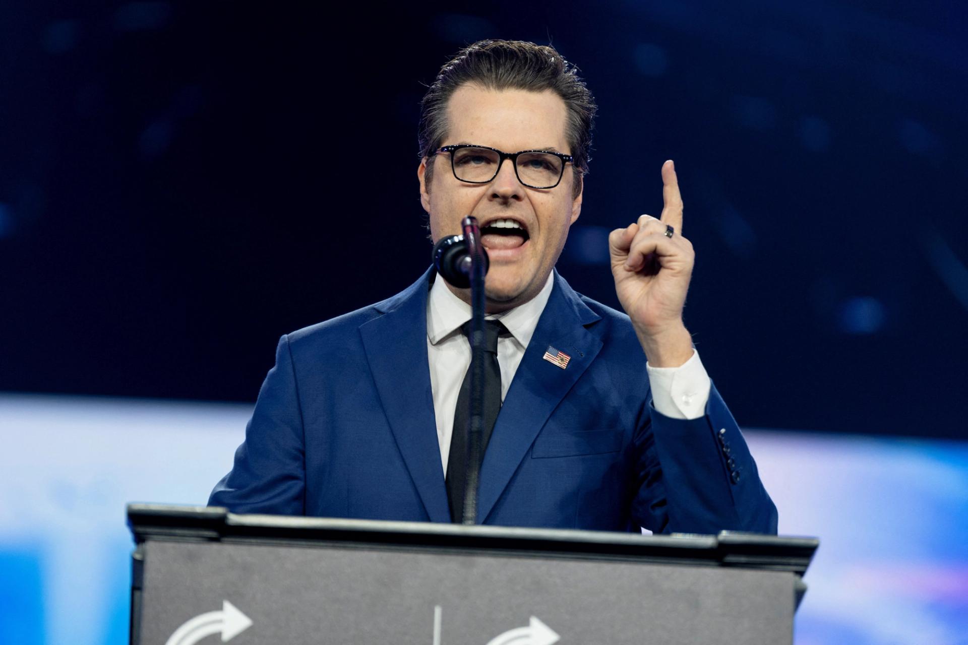 Former U.S. Representative Matt Gaetz (R-FL) speaks at a conference in Arizona.