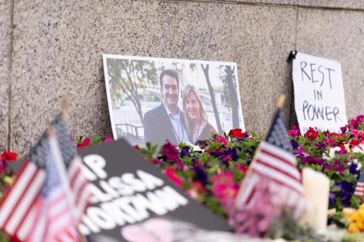 A memorial sits outside the Minnesota State Capitol in honor of murdered Democratic state assemblywoman Melissa Hortman. and her husband Marc.