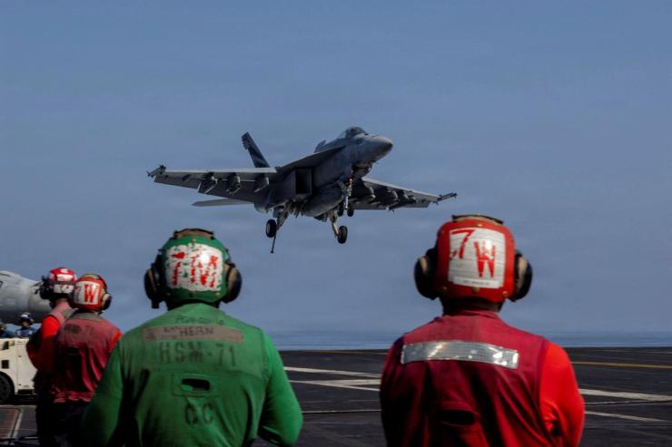 US jet takes off from aircraft carrier during Operation Epic Fury