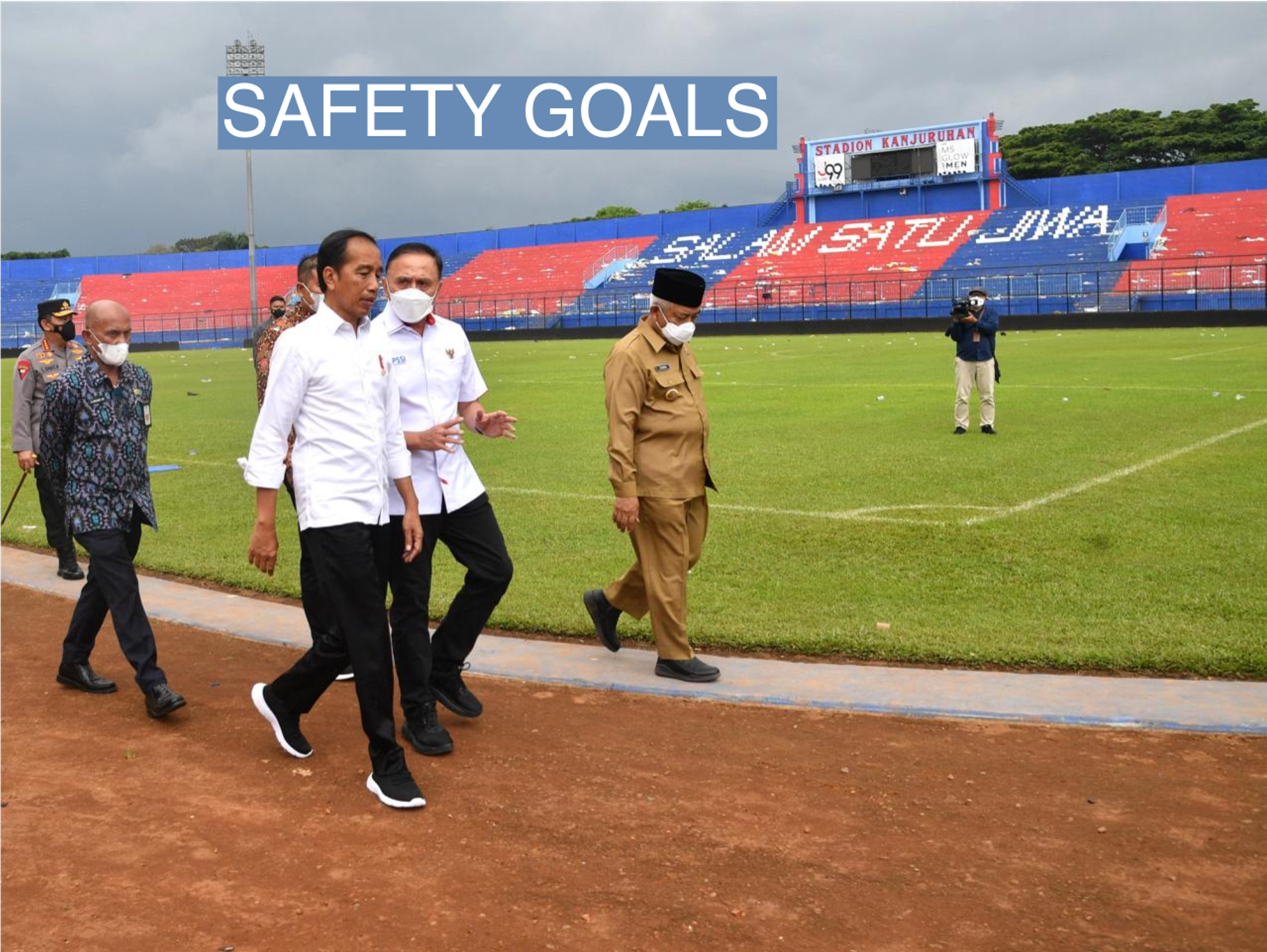 Indonesian President Joko Widodo and Chairman of the Indonesian Football Association (PSSI) Mochamad Iriawan visit to Kanjuruhan Stadium following a riot and stampede during a soccer match between Arema vs Persebaya Surabaya in Malang, Indonesia October 5, 2022.