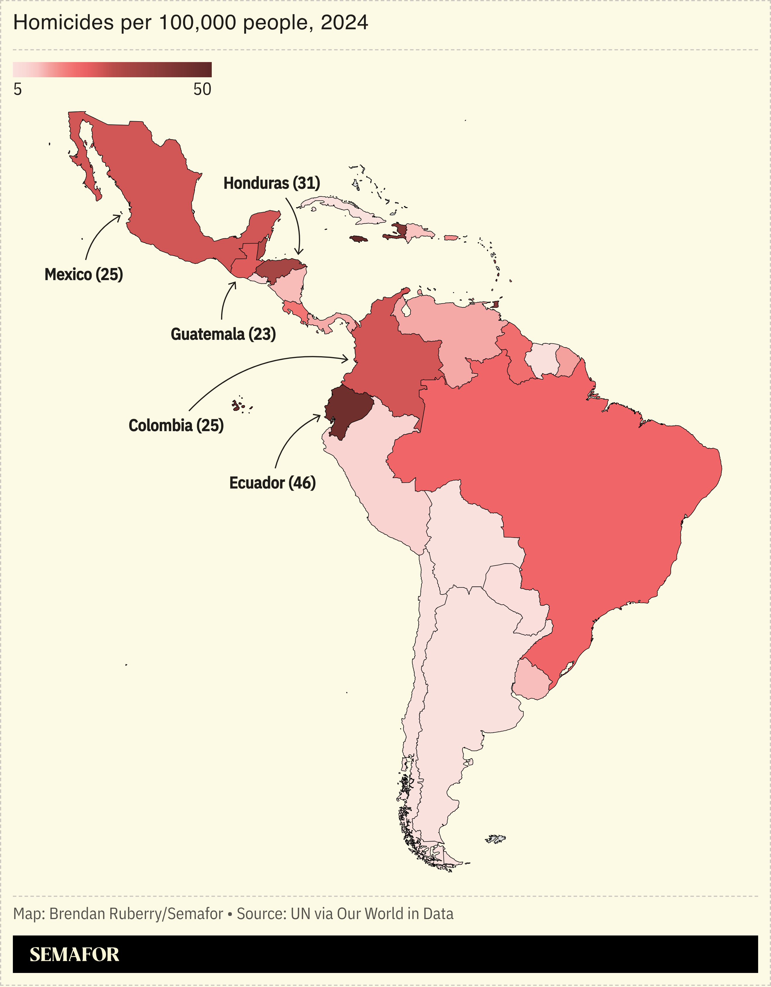 Map showing homicides per 100k people in Latin