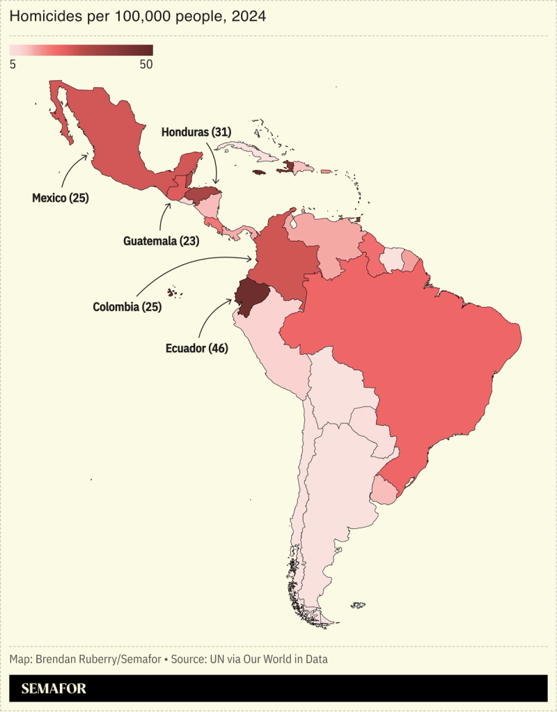 Map showing homicides per 100k people in Latin