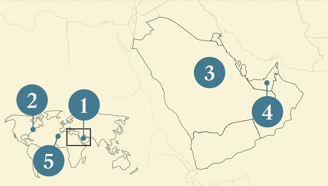 A numbered map of the Gulf region.