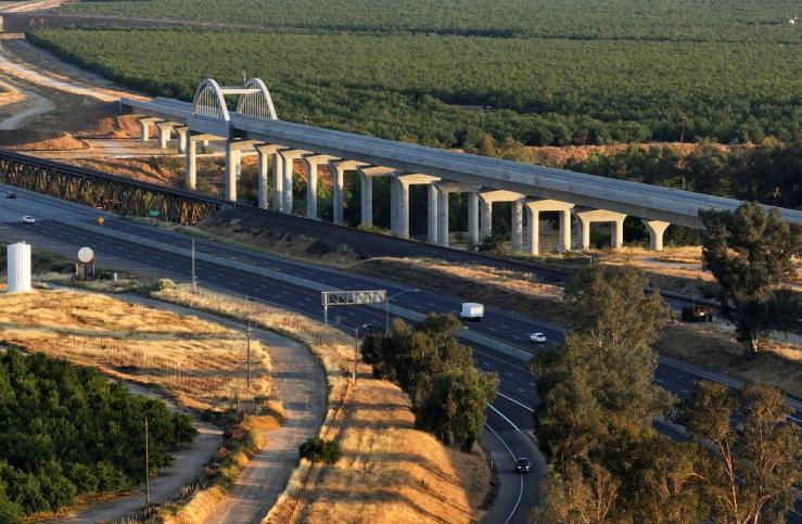 A drone view of a California High-Speed Rail Bridge.
