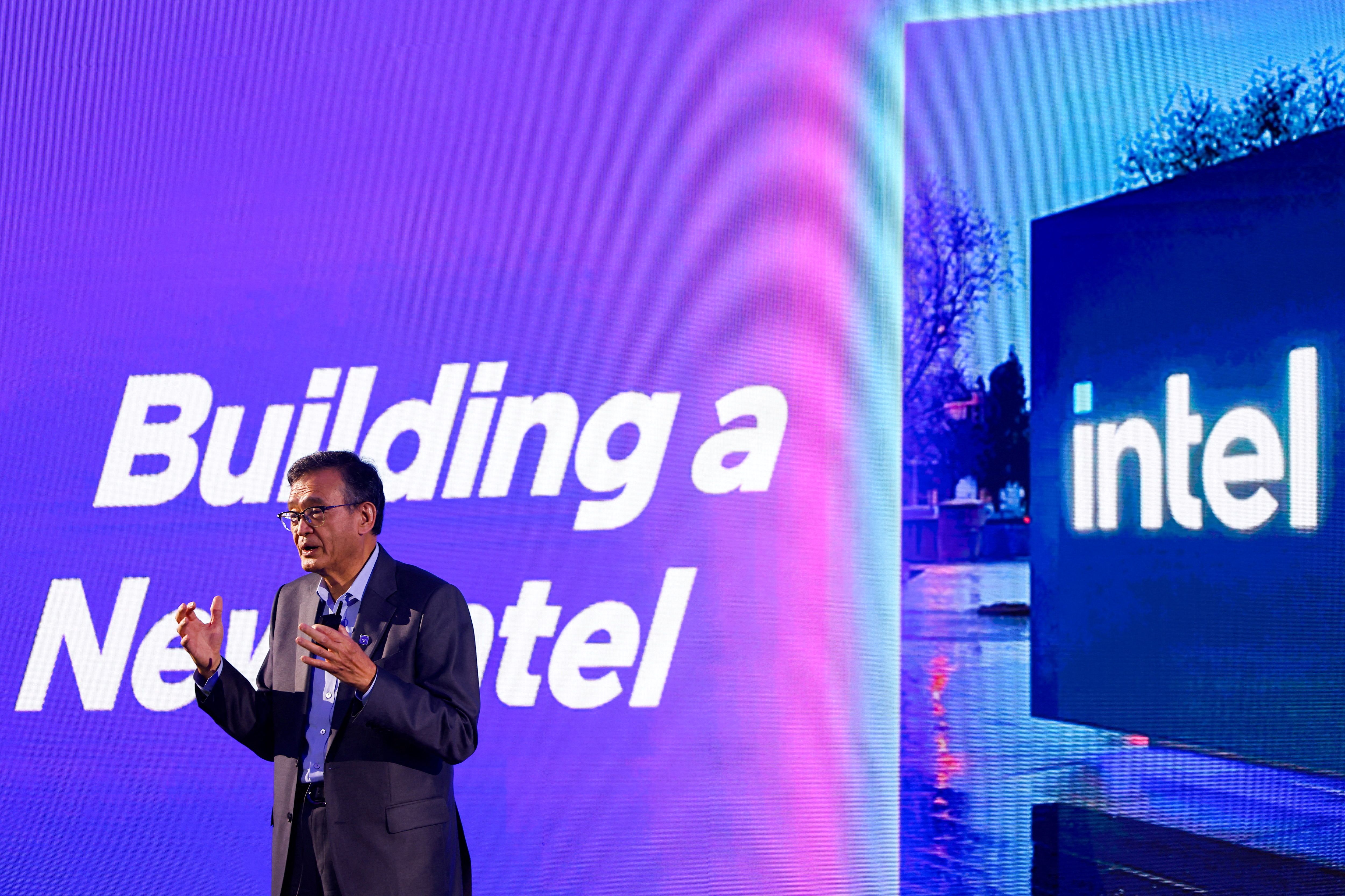 Intel CEO Lip-Bu Tan makes a speech on stage in Taipei.