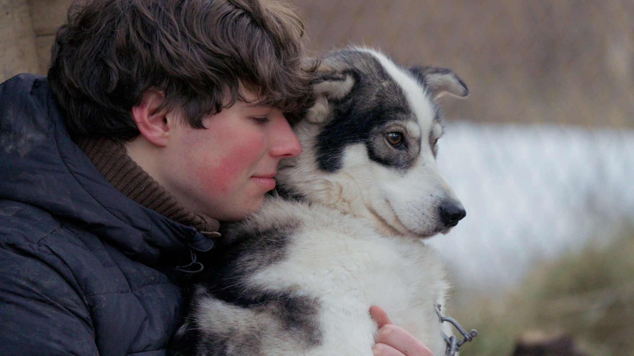 A folk school student cuddles a sled dog