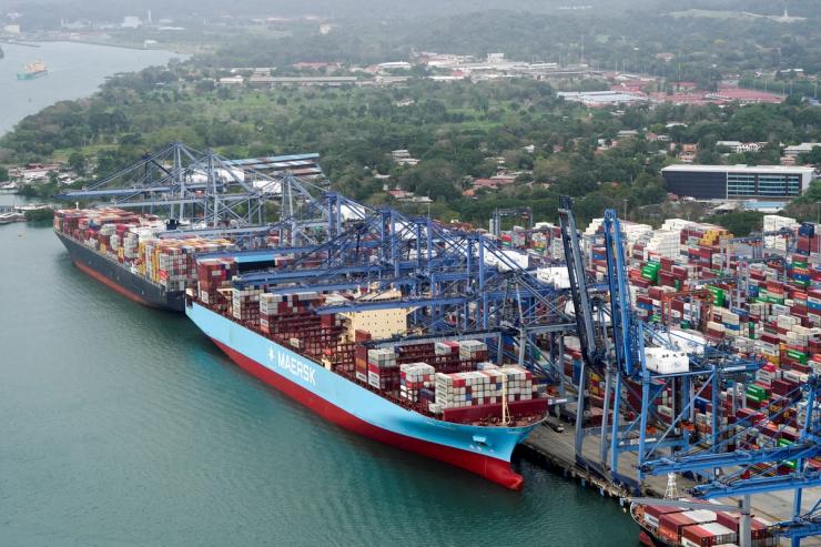 An aerial view shows cargo vessels docked at Balboa Port, operated by Panama Ports Company, at the Panama Canal, in Panama City, Panama.