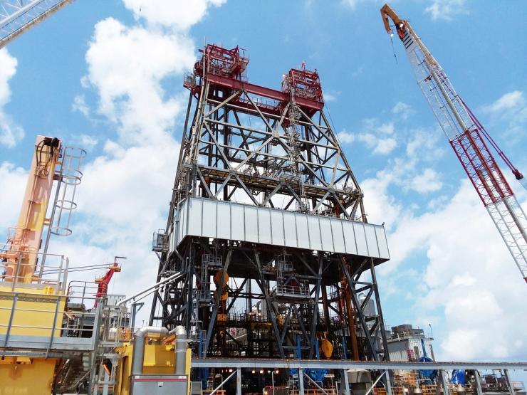 A massive drilling derrick is pictured on BP’s Thunder Horse Oil Platform in the Gulf of Mexico.