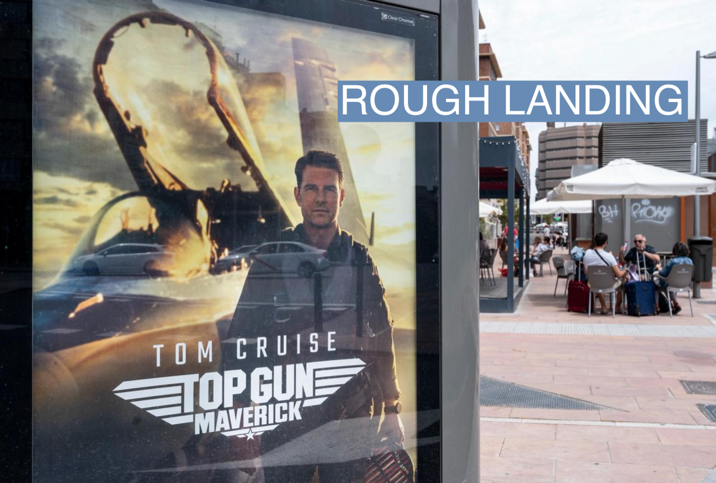 A street commercial advertisement poster from Paramount Pictures featuring Top Gun Maverick movie and American actor Tom Cruise in Spain.