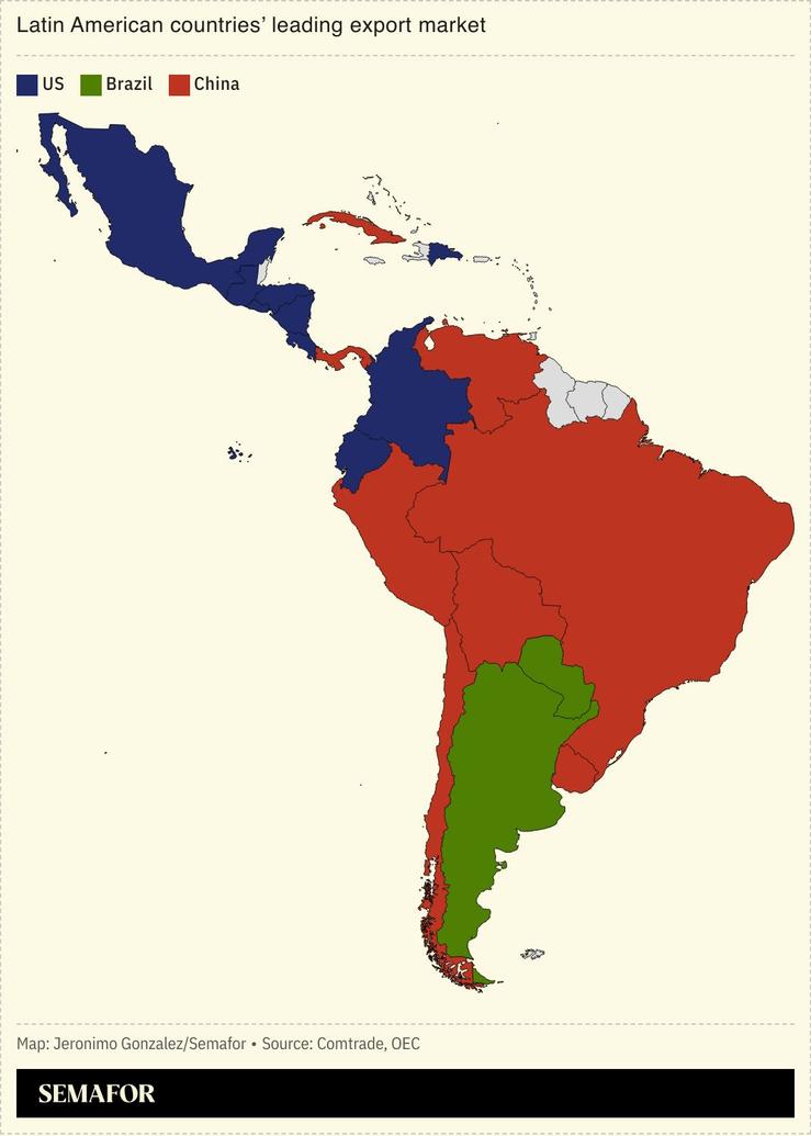 A map showing Latin American countries’ top export markets