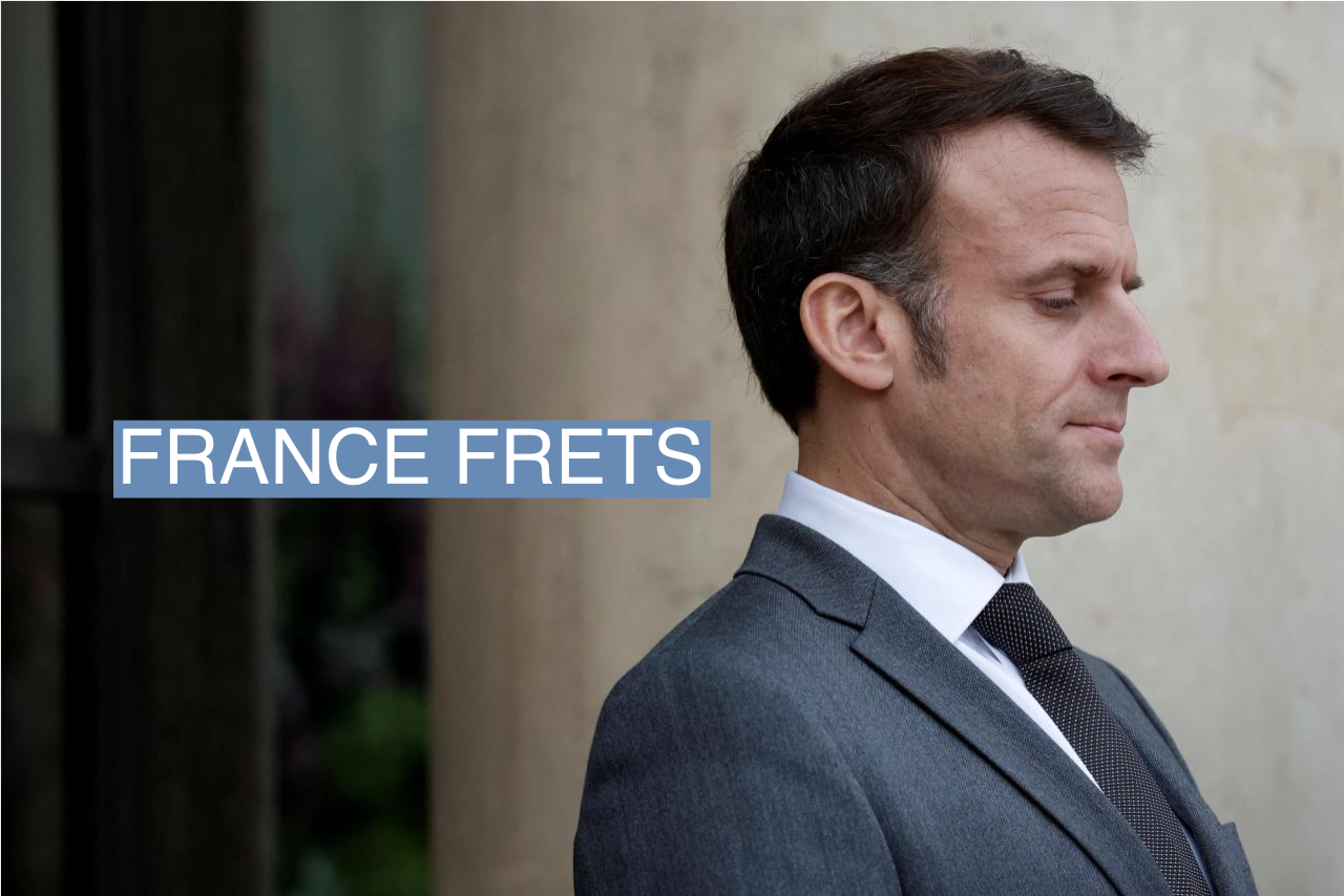 French President Emmanuel Macron welcomes Japan’s Prime Minister Fumio Kishida (not seen) at the Elysee Palace in Paris, France, on May 2, 2024. 