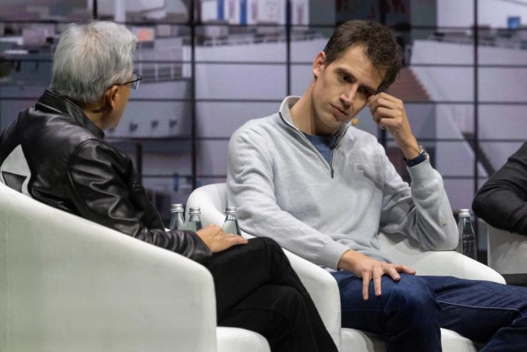 Mistral CEO Arthur Mensch sits with Nvidia CEO Jensen Huang