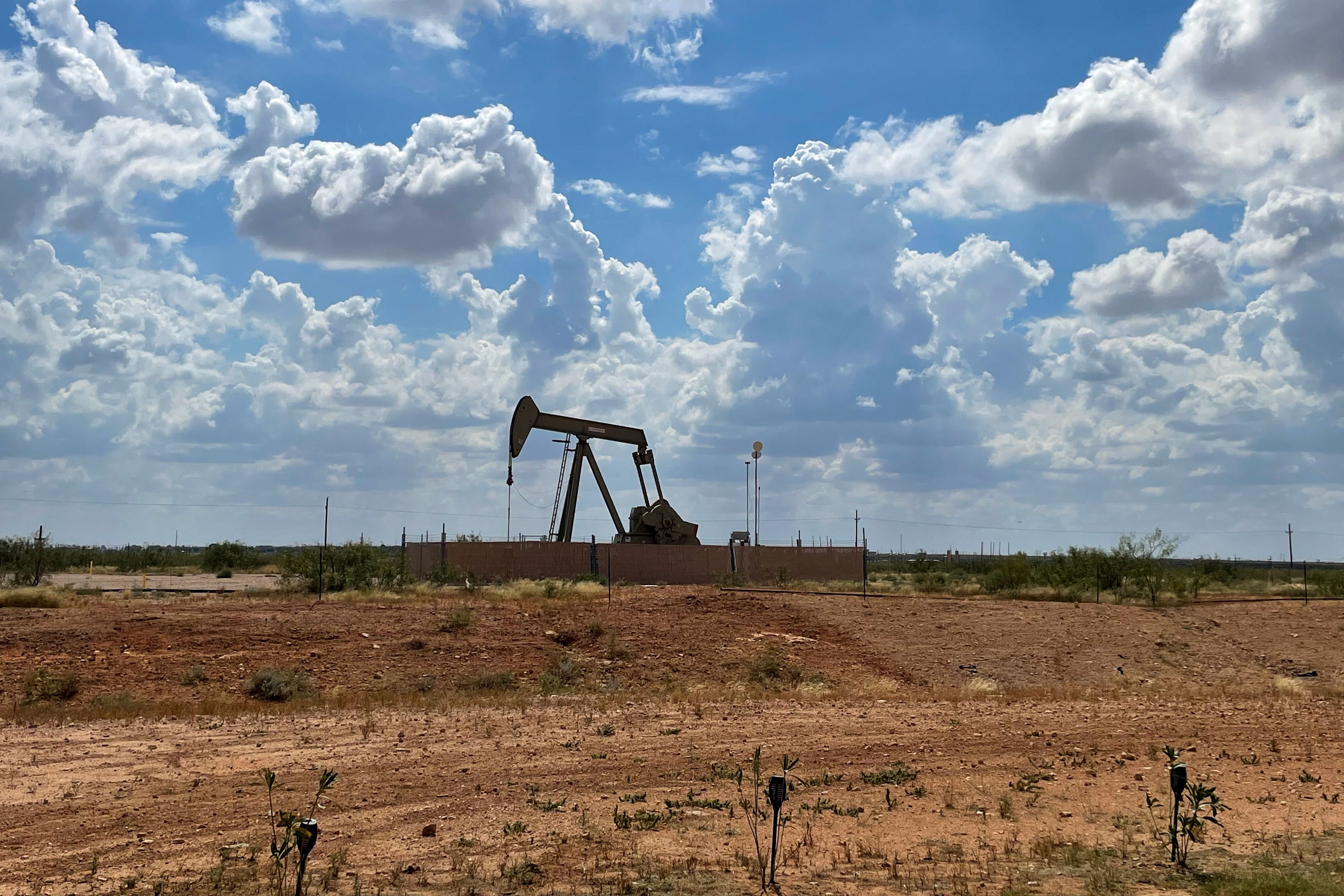 A pumpjack, used to help lift oil from a well, in the Permian basin near Midland, Texas.