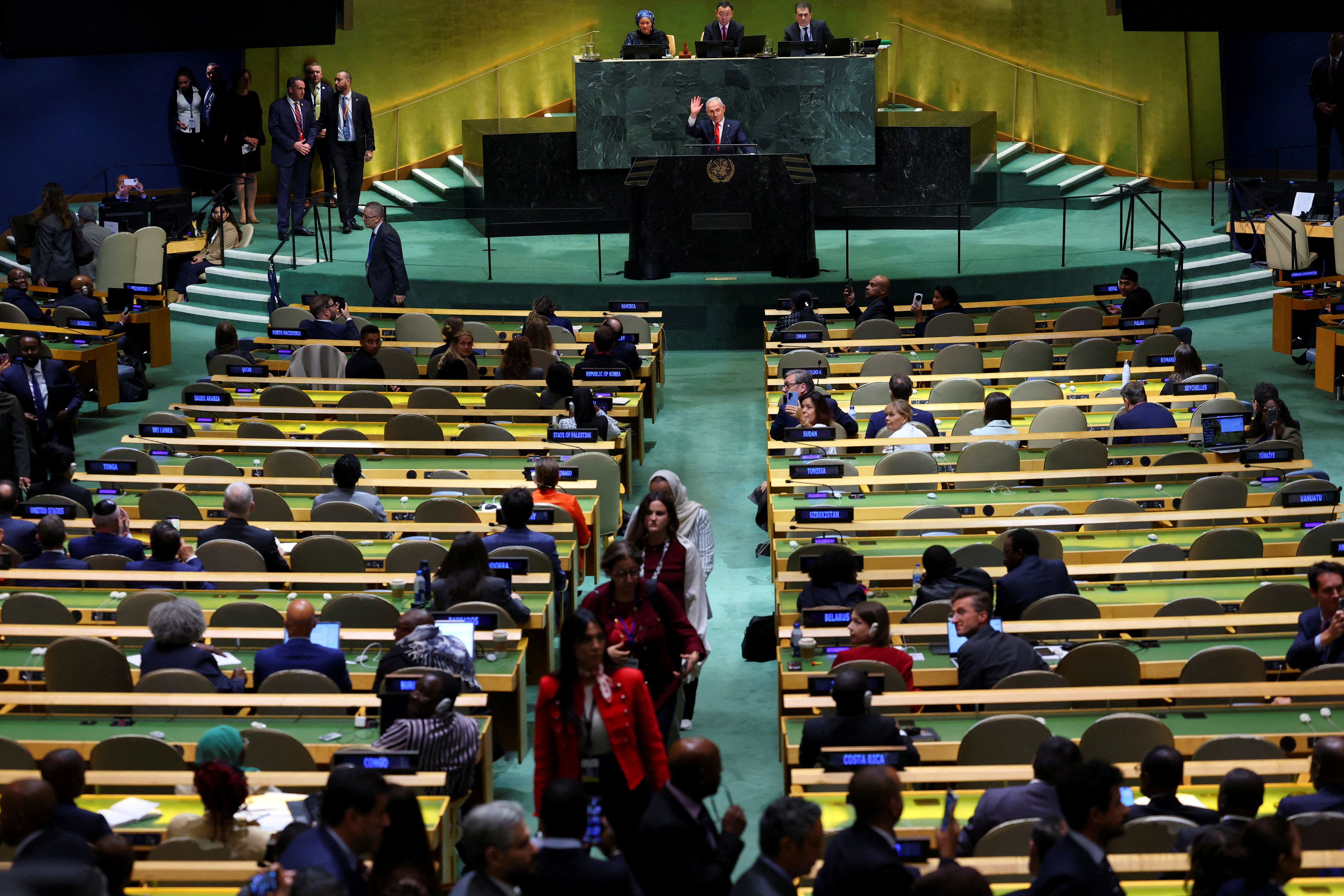 Delegates walk out of Israeli Prime Minister Benjamin Netanyahu’s speech
