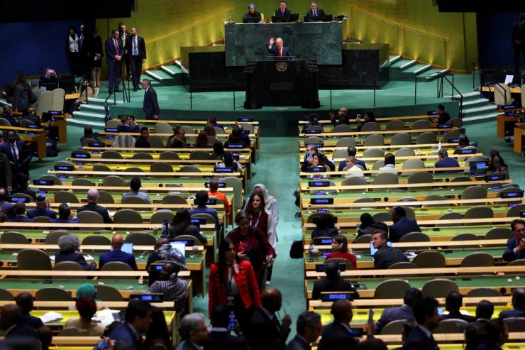 Delegates walk out of Israeli Prime Minister Benjamin Netanyahu’s speech
