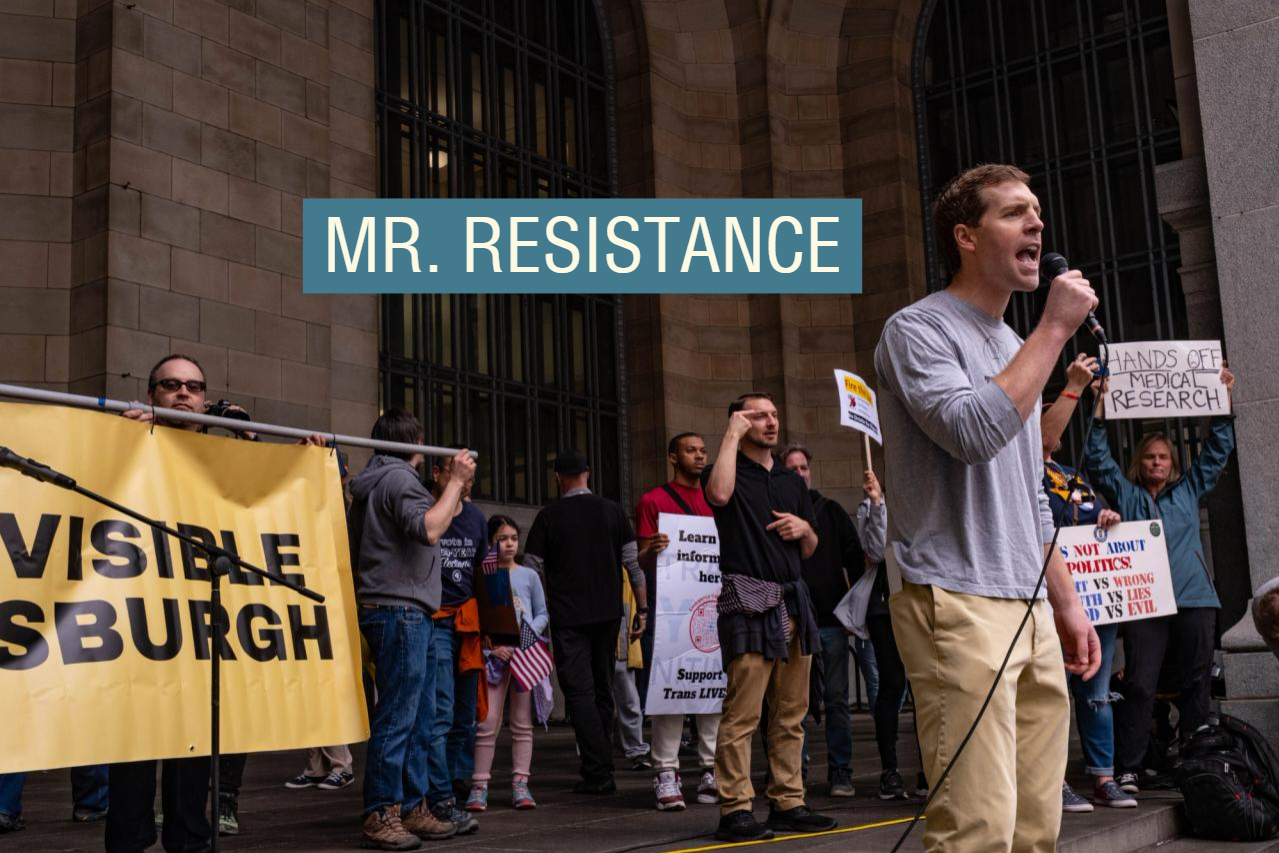 Former US House member Conor Lamb speaks in downtown Pittsburgh for the national “Hands Off” rally to protest the Trump administration.