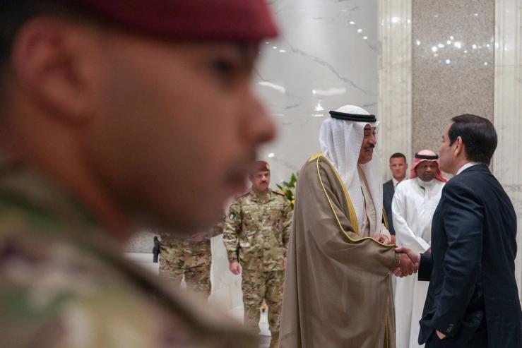 U.S. Secretary of State Marco Rubio and Kuwait’s Crown Prince Sheikh Sabah Khaled Al-Hamad Al-Sabah shake hands