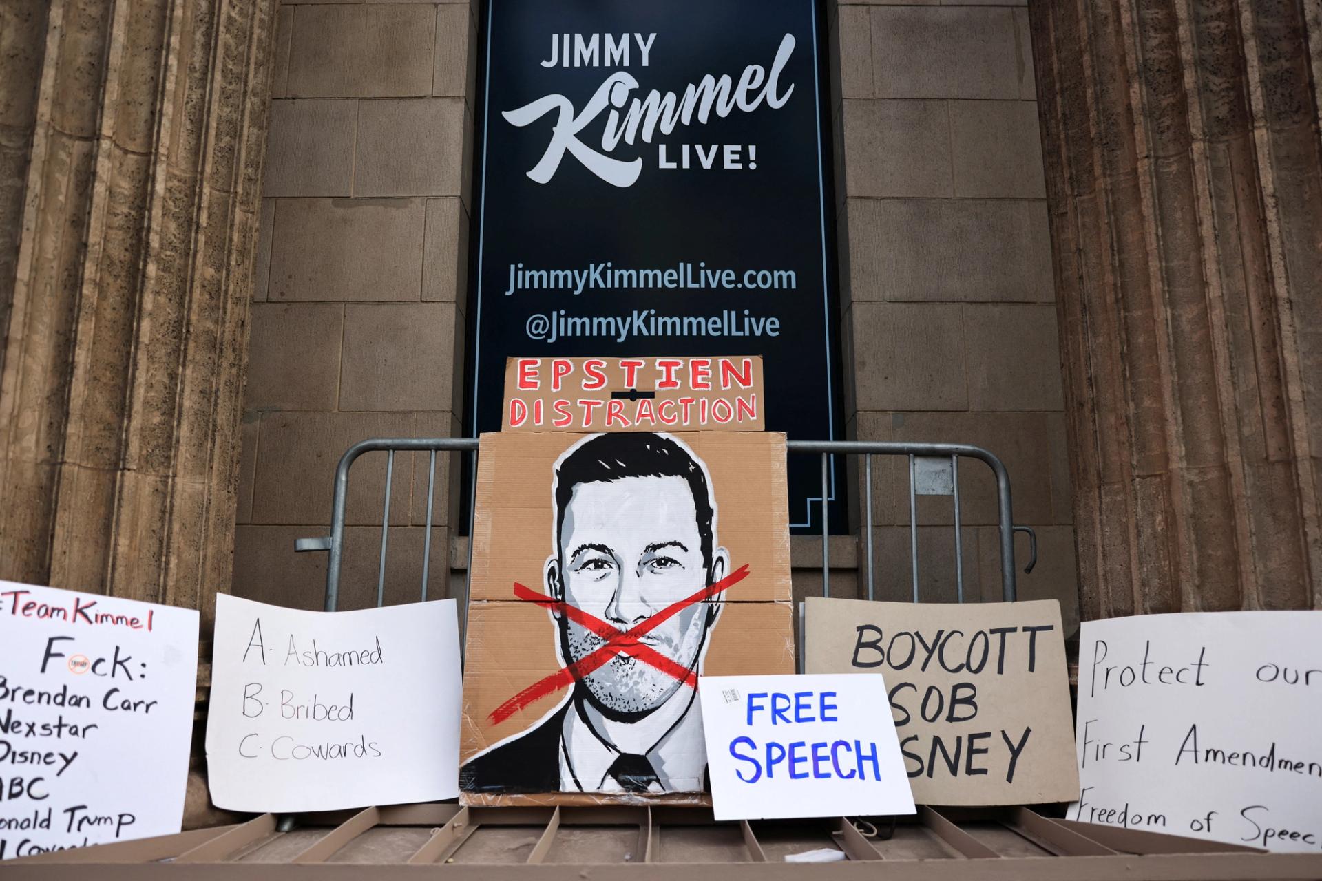 Protest signs outside Jimmy Kimmel’s set