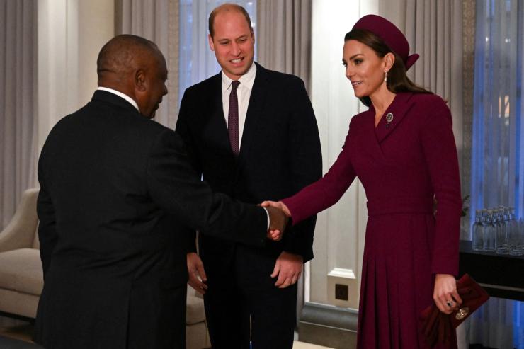 Prince William and Catherine, Princess of Wales, greet South Africa’s President Cyril Ramaphosa at the Corinthia Hotel in London.