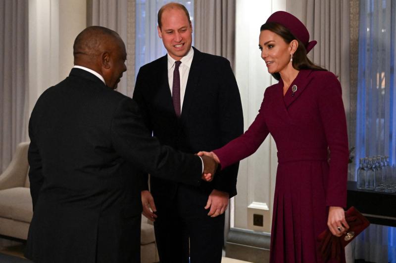 Prince William and Catherine, Princess of Wales, greet South Africa’s President Cyril Ramaphosa at the Corinthia Hotel in London.