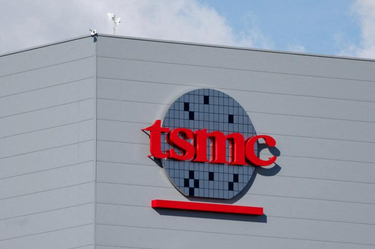 The logo of Taiwan Semiconductor Manufacturing Company (TSMC) is displayed at its fabrication plant in Kaohsiung, Taiwan
