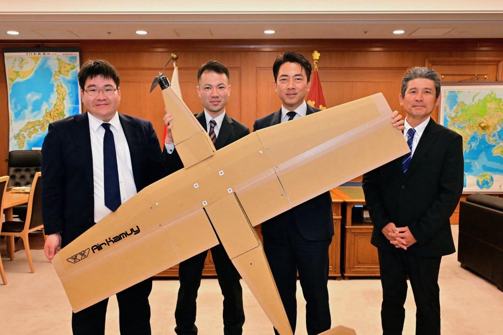Japan’s defense minister Shinjirō Koizumi with a cardboard drone