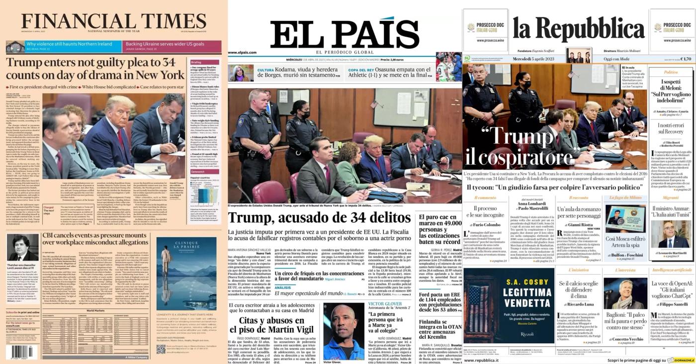 An image composite of the front pages of the Financial Times, El Pais, and la Repubblica on April 5, 2023