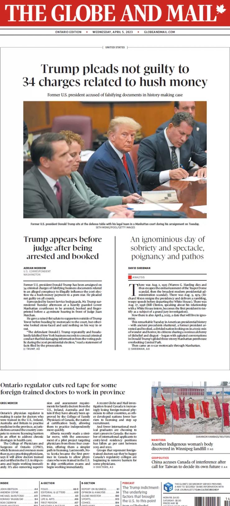 The front page of The Globe and Mail, April 5 2023.