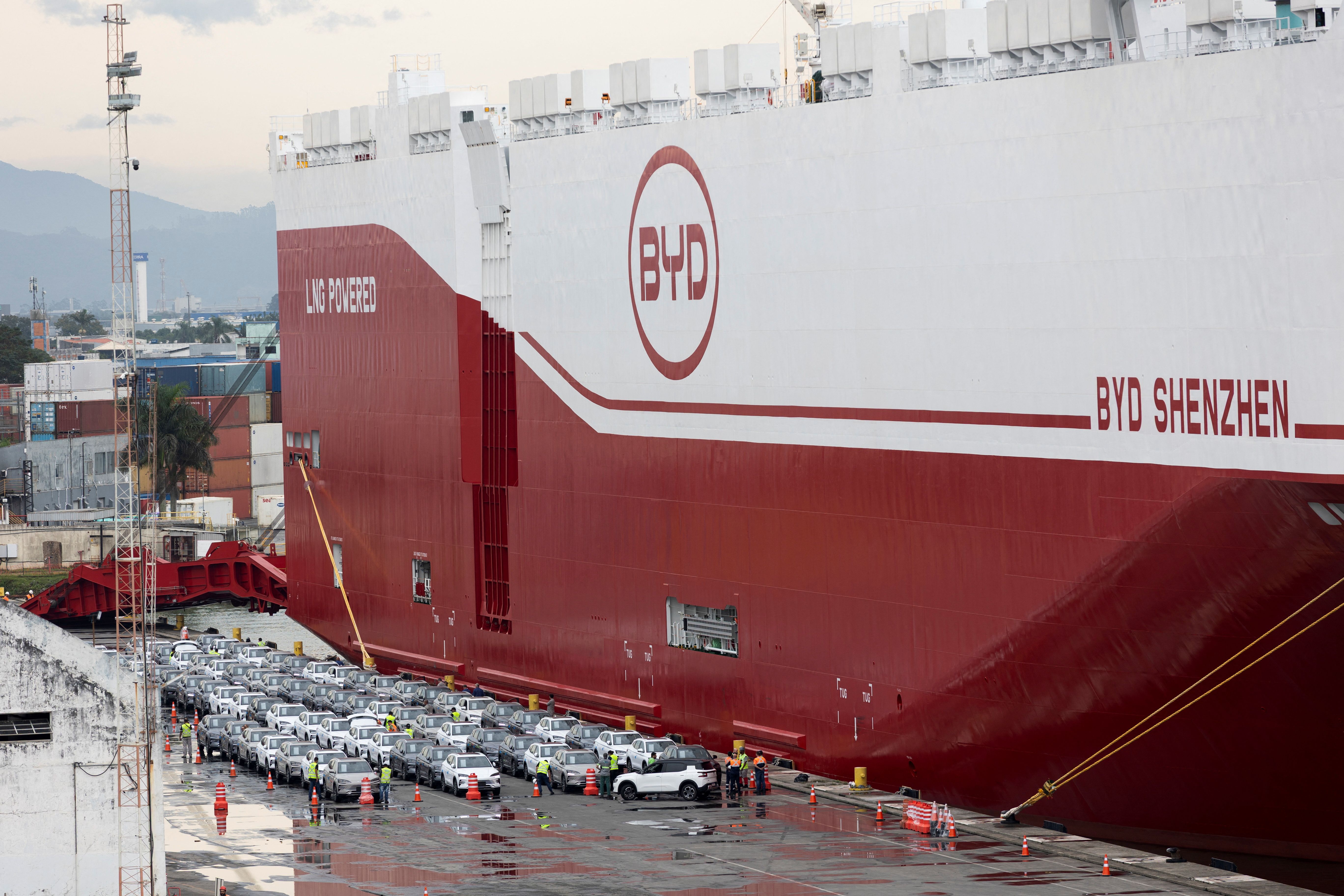 A view shows new electric vehicles after being downloaded from a BYD vessel in Brazil.