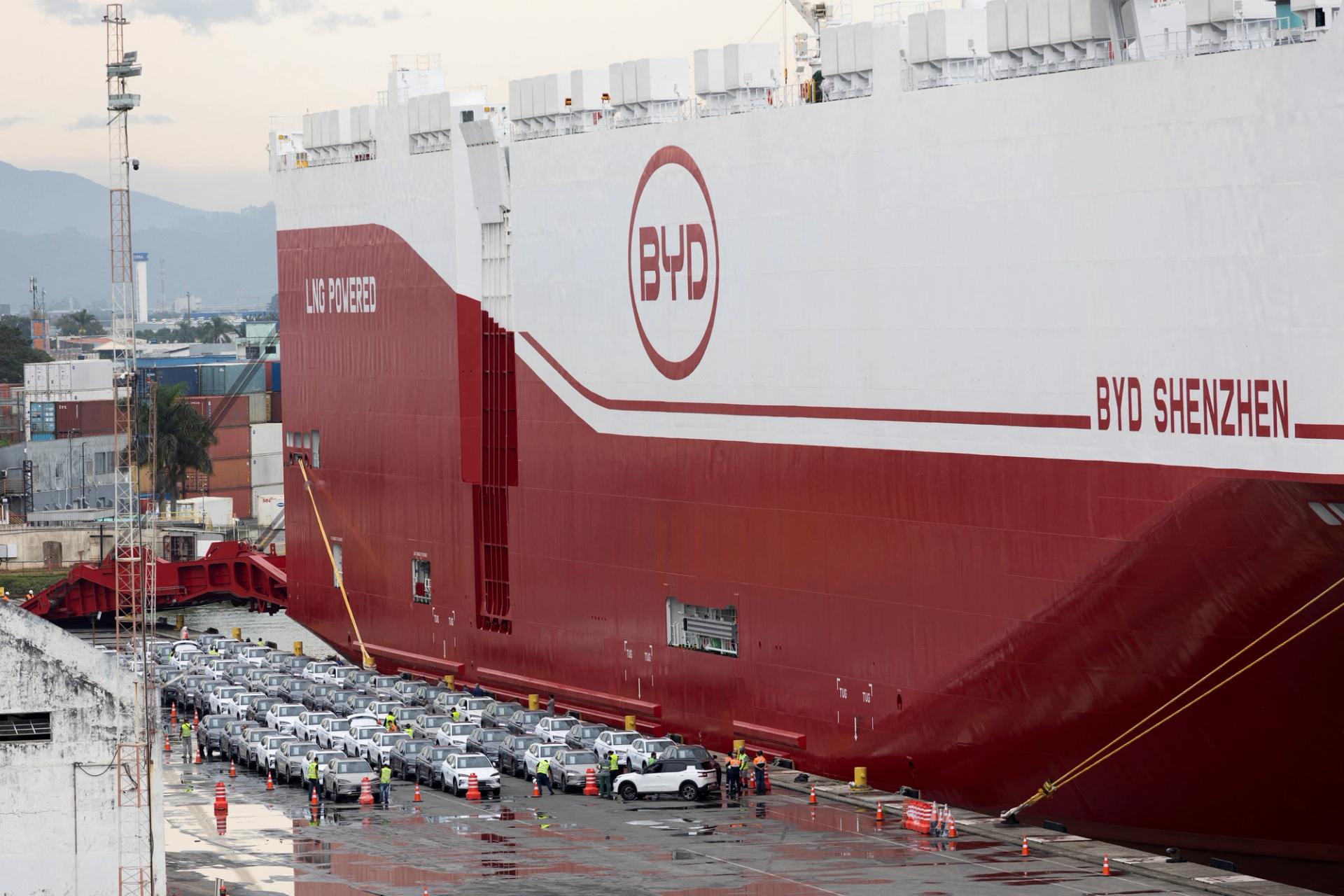 A view shows new electric vehicles after being downloaded from a BYD vessel in Brazil.