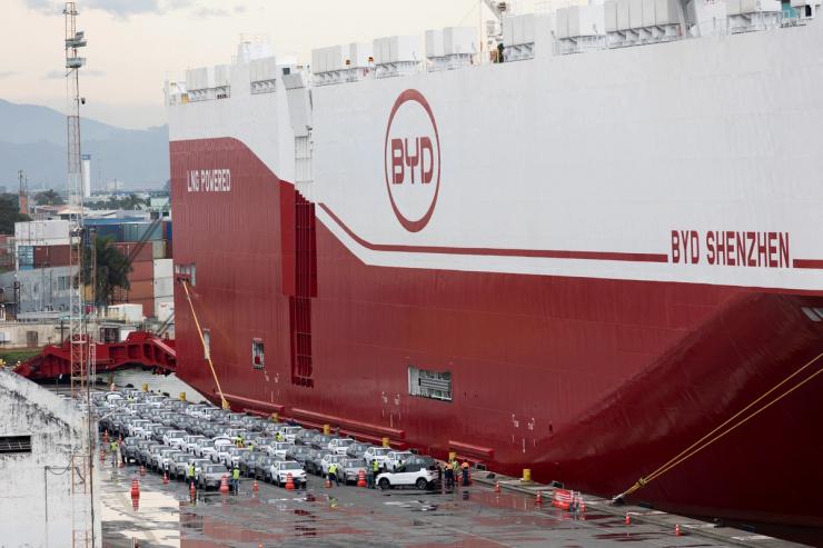 A view shows new electric vehicles after being downloaded from a BYD vessel in Brazil.