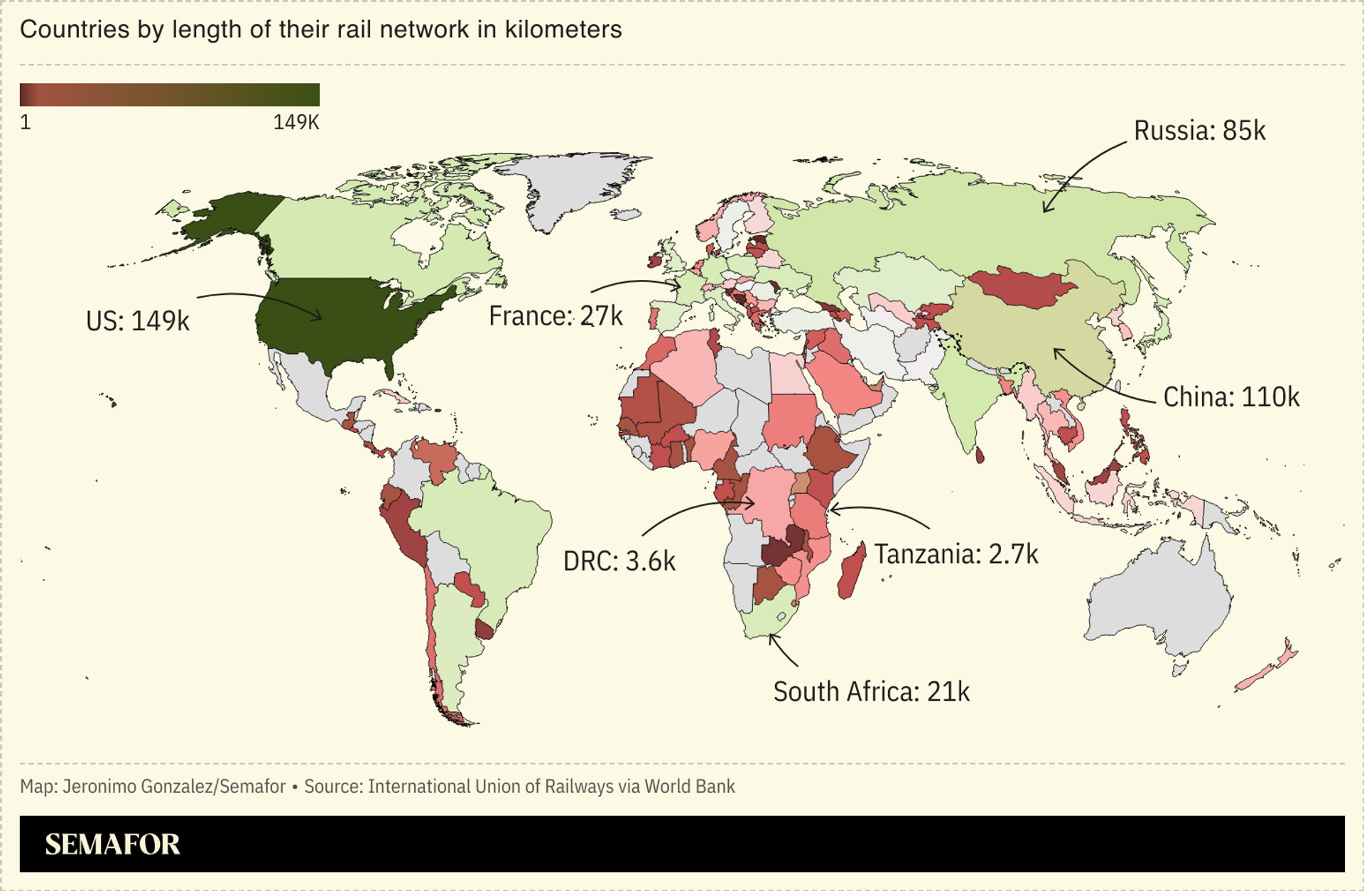 A map showing the length of the world’s rail networks