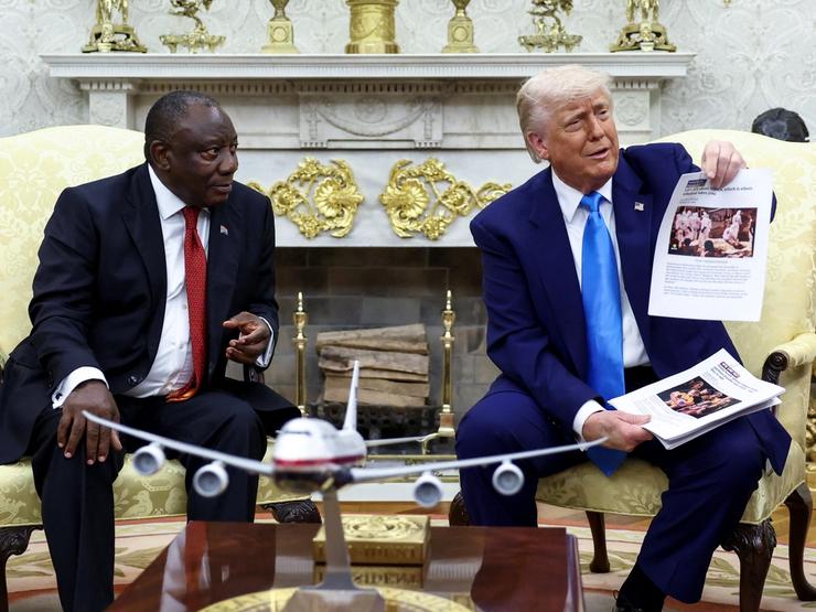US President Donald Trump shows alleged news reports of a ‘white genocide’ in South Africa to President Cyril Ramaphosa.