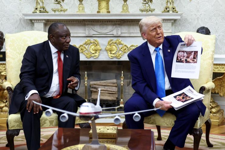 US President Donald Trump shows alleged news reports of a ‘white genocide’ in South Africa to President Cyril Ramaphosa.