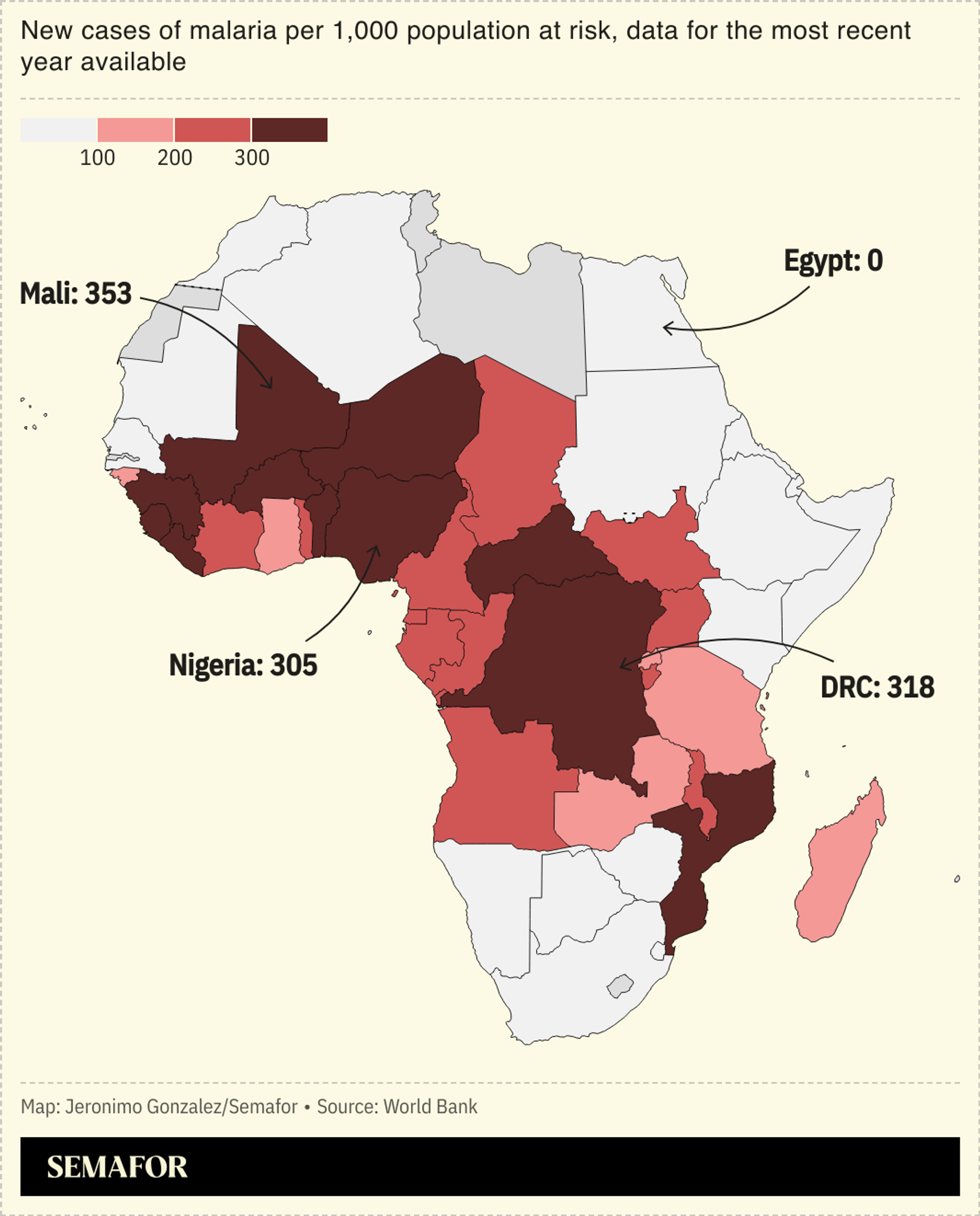 A chloropleth map of Africa showing new cases of malaria in a year per 1,000 population at risk