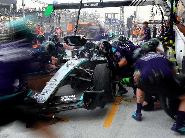 Mercedes’ George Russell makes a pit stop during F1 practice.
