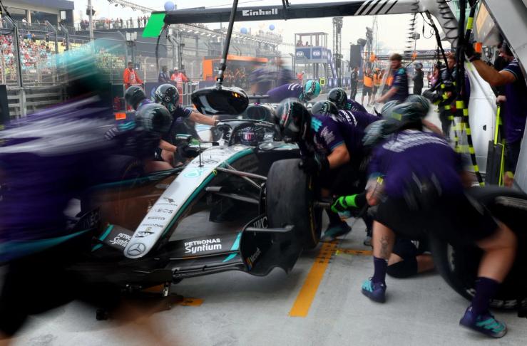 Mercedes’ George Russell makes a pit stop during F1 practice.