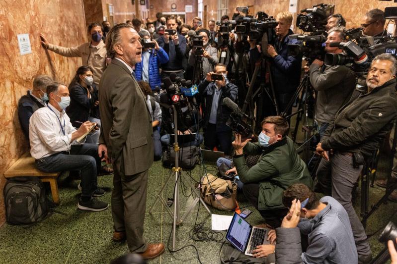 Public defender Adam Lipson speaks with the media after the arraignment hearing for David Wayne DePape, on November 1, 2022.