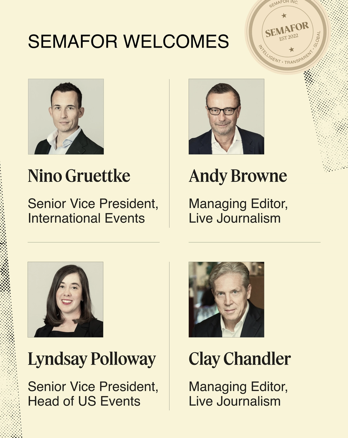 Semafor graphic announces four new hires.