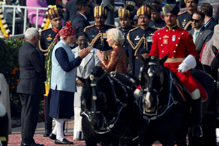 India’s Prime Minister Narendra Modi greets European Commission President Ursula von der Leyen.