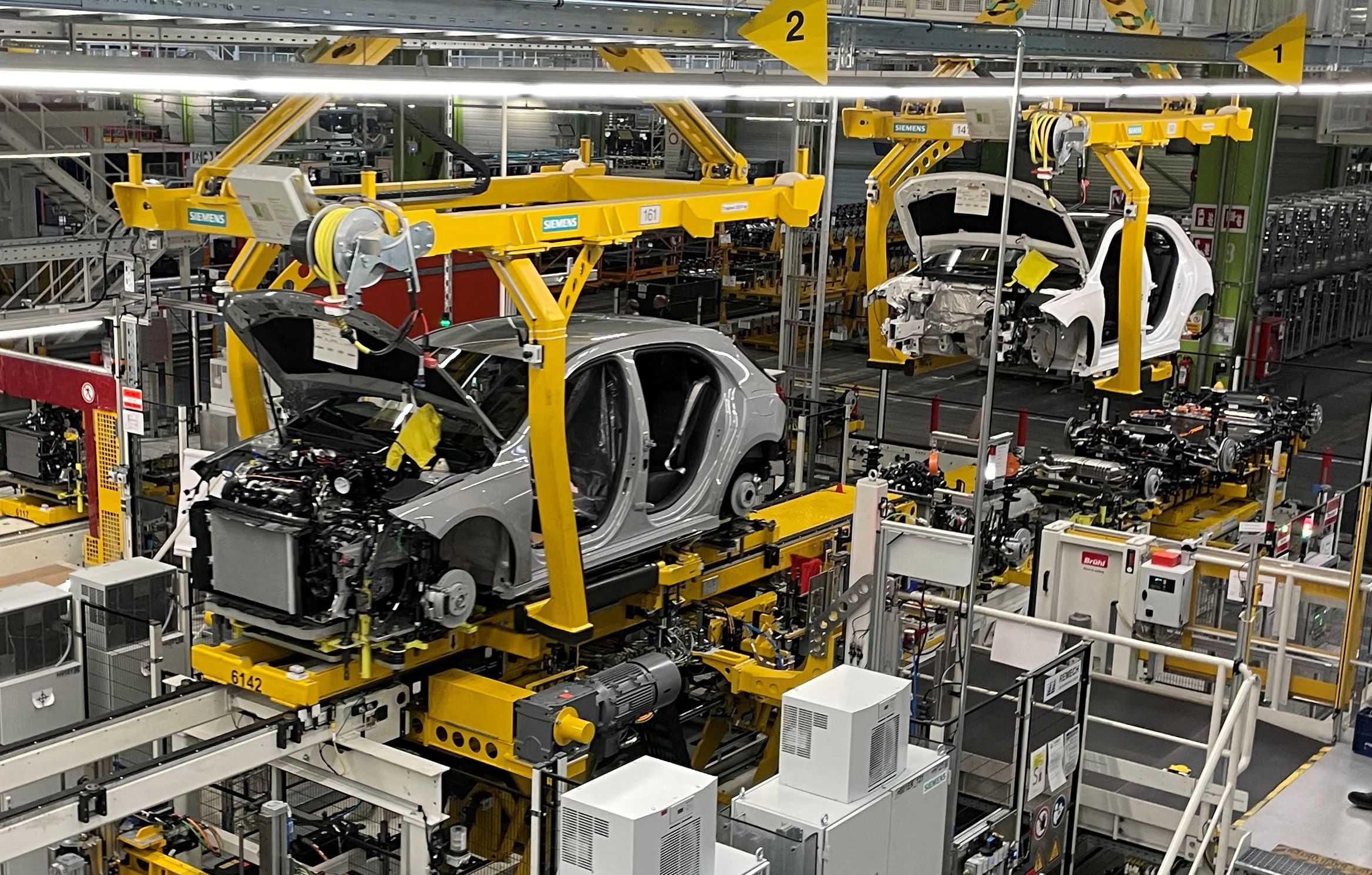 A general view of a production line of German car manufacturer Mercedes-Benz at a factory, in Rastatt.