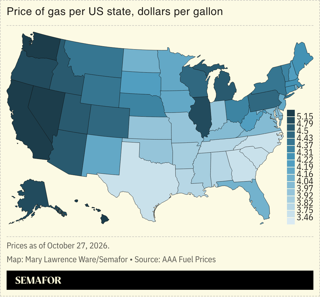 Chart of price of gas per US state, dollar per gallon