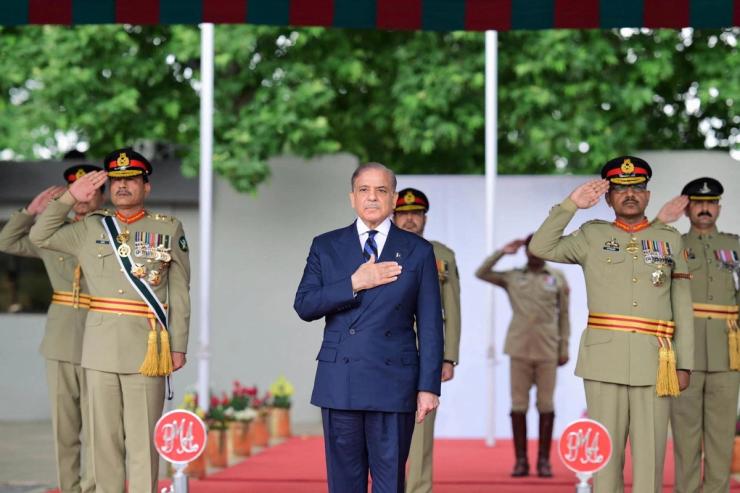 Pakistan’s Prime Minister Shehbaz Sharif, along with Chief of the Army Staff (COAS) of Pakistan Asim Munir, reviews the parade at the passing out ceremony of 151st Long Course at the Pakistan Military Academy (PMA) Kakul, Abbottabad