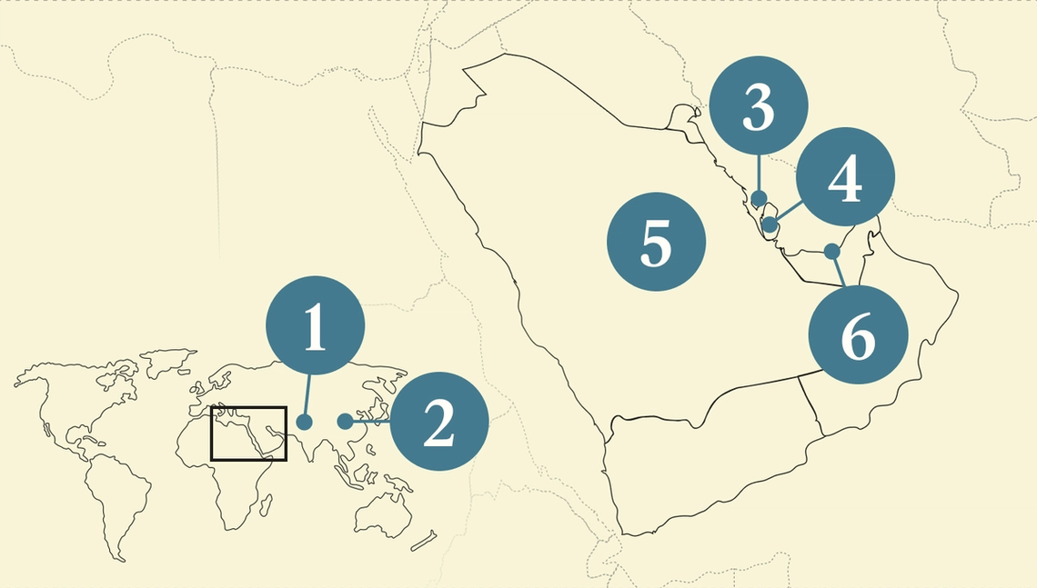A numbered map of the Gulf.