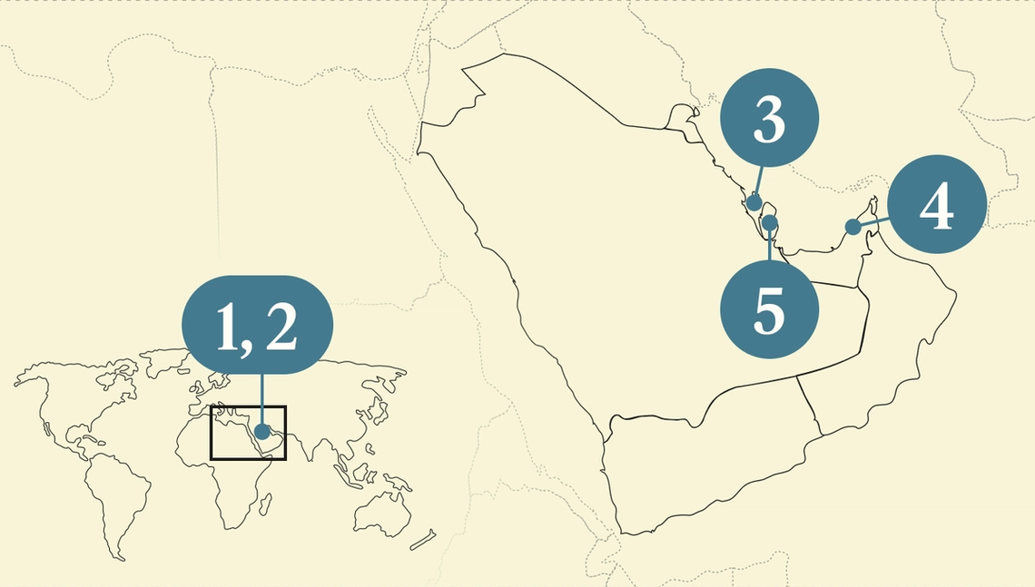 A numbered map of the Gulf region.