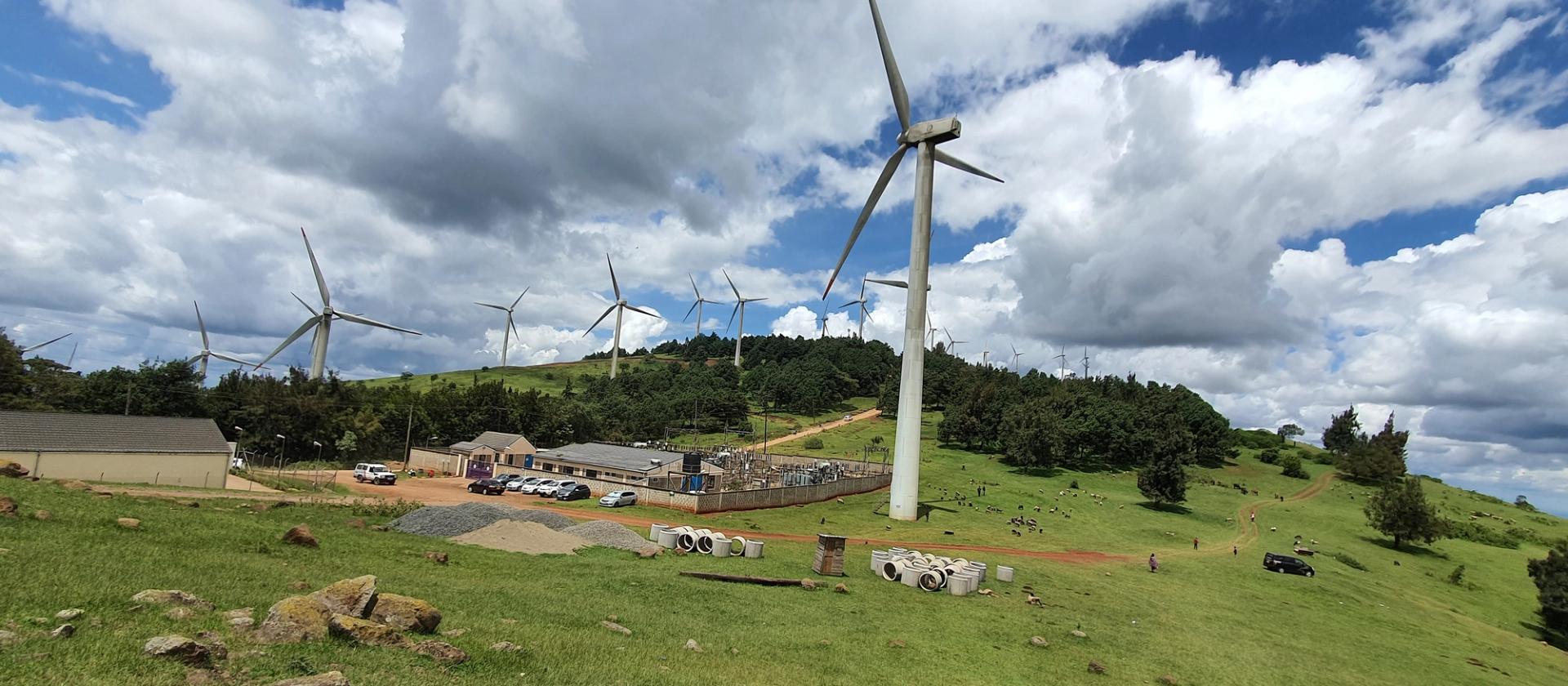 Wind turbines and power station in the Ngong Hills, Kenya.