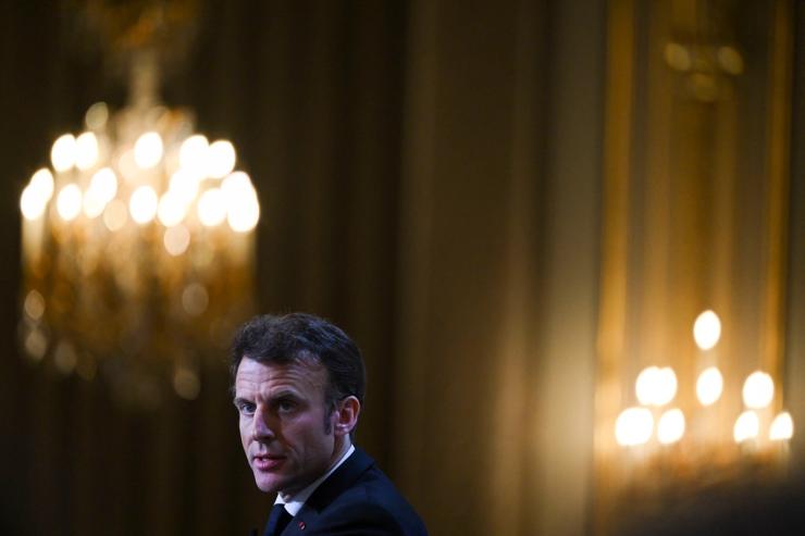 French President Emmanuel Macron gives a speech to ouline France’s revamped strategy for Africa ahead of his visit in Central Africa, at the Elysee Palace in Paris on February 27, 2023. Stefano Rellandini/Pool via REUTERS