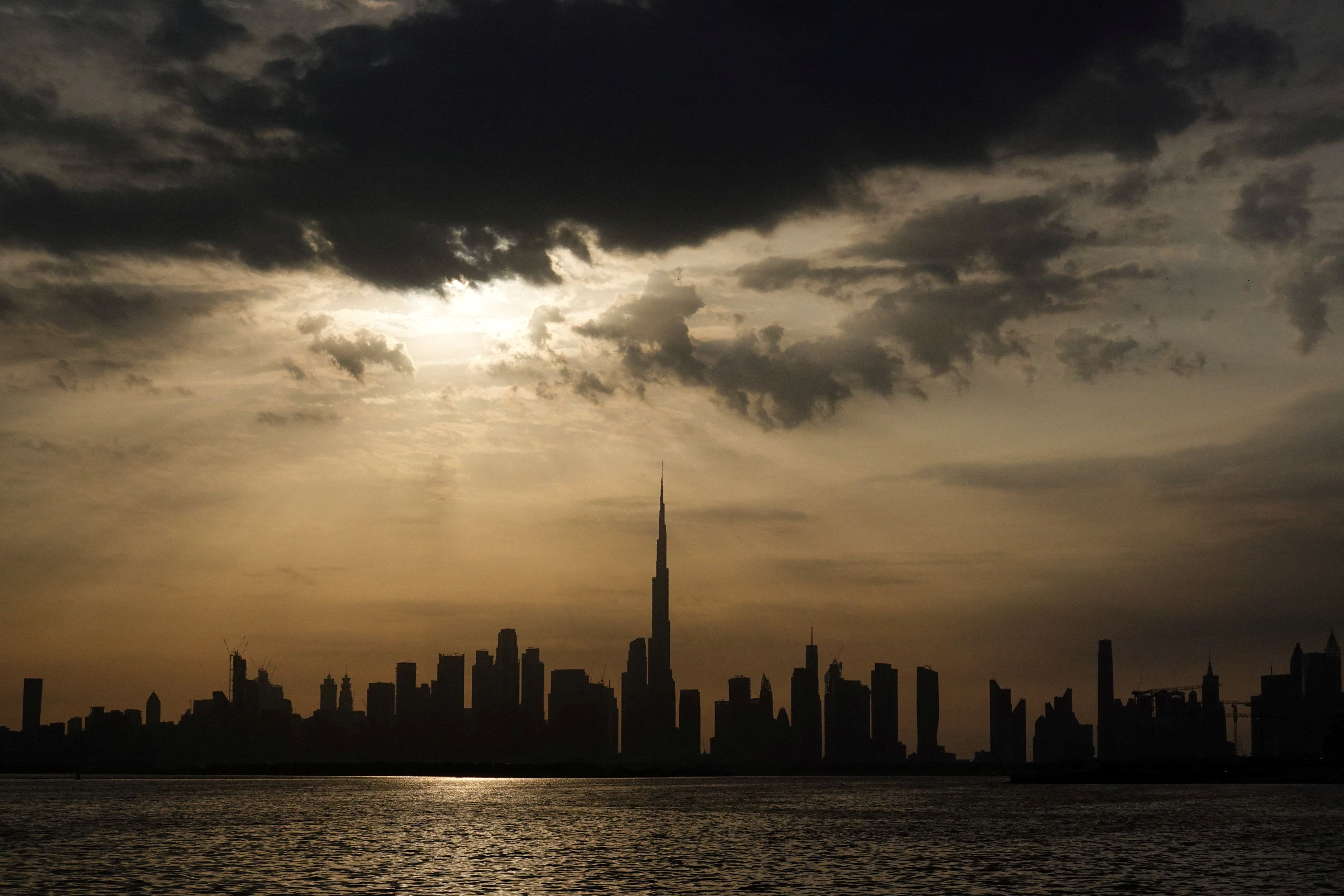 Dubai skyline at sunset.